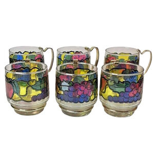 1960's Libbey‎ Hostess Glassware Set 6 Stained Multicolor Fruit Design-New-NOS